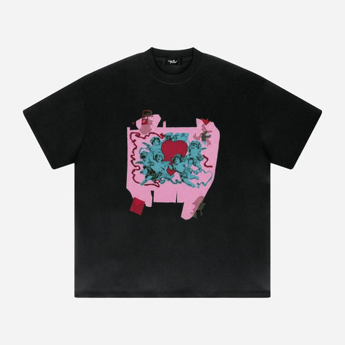 Black t-shirt by VENT D'HIVER with a colorful graphic design on a white background