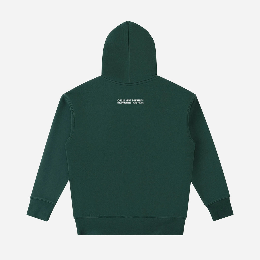 Green hoodie with text on the back against a white background