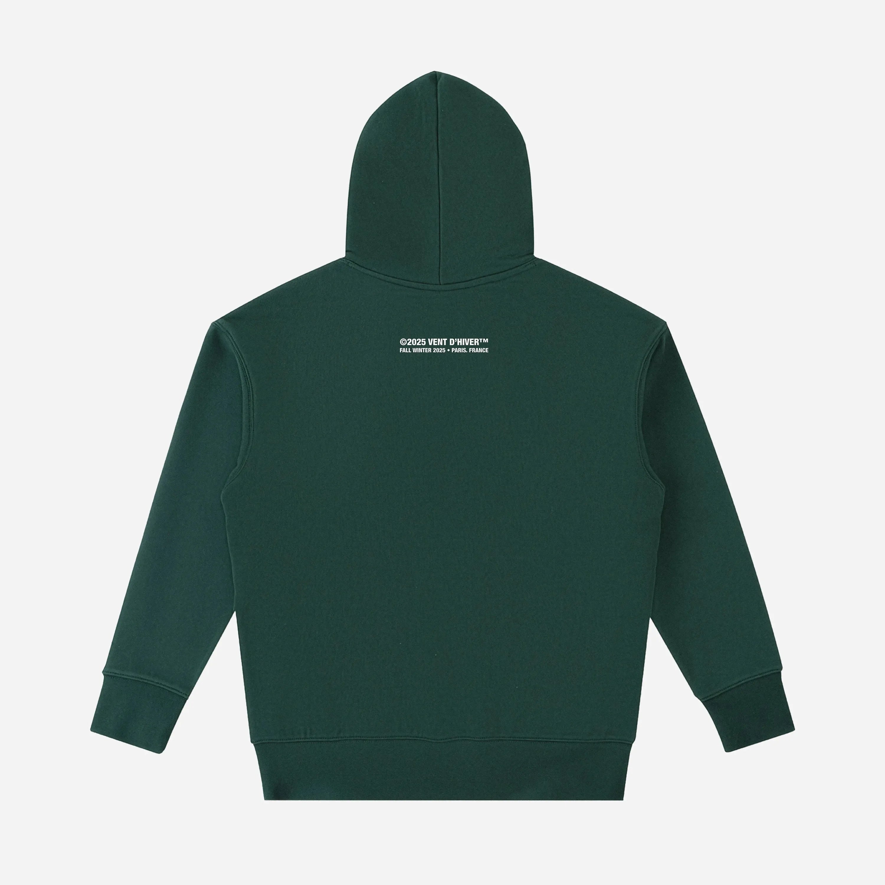 Green hoodie with text on the back against a white background