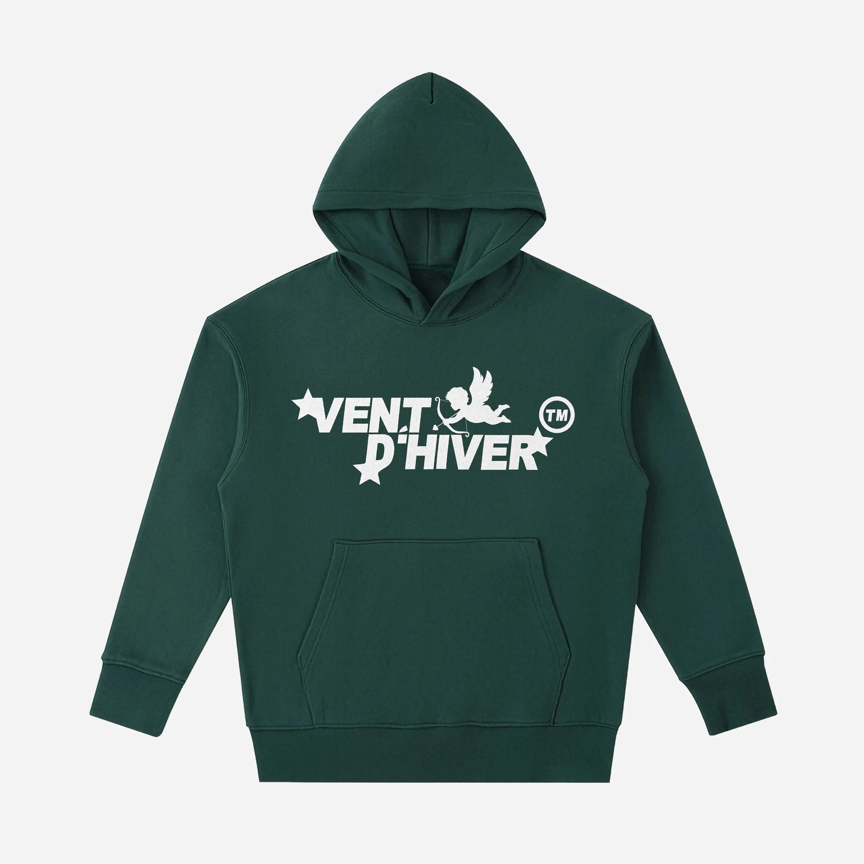 Green hoodie with 'Vent D'Hiver' logo on a white background