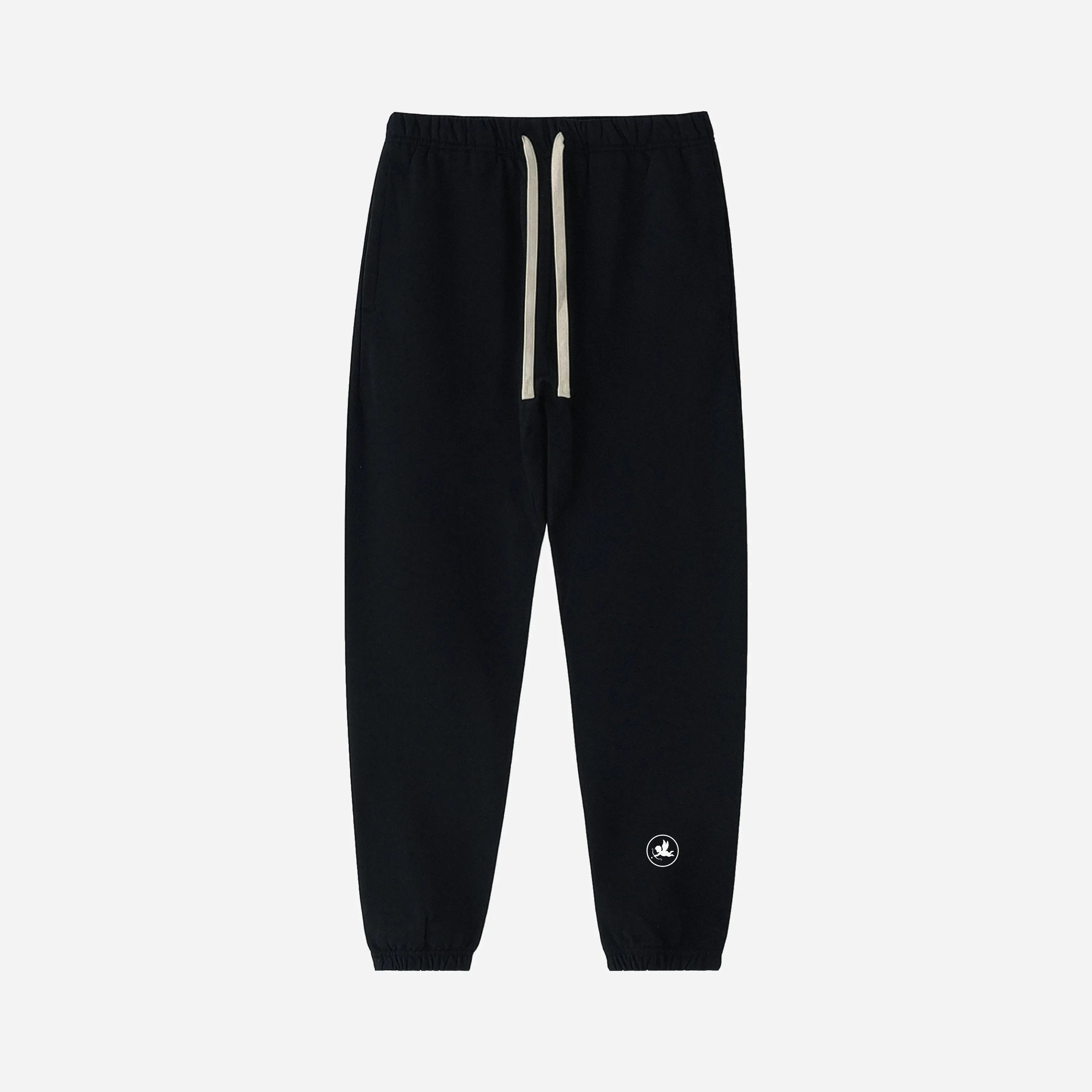 Black sweatpants pants by VENT D'HIVER with a small angel on a white background