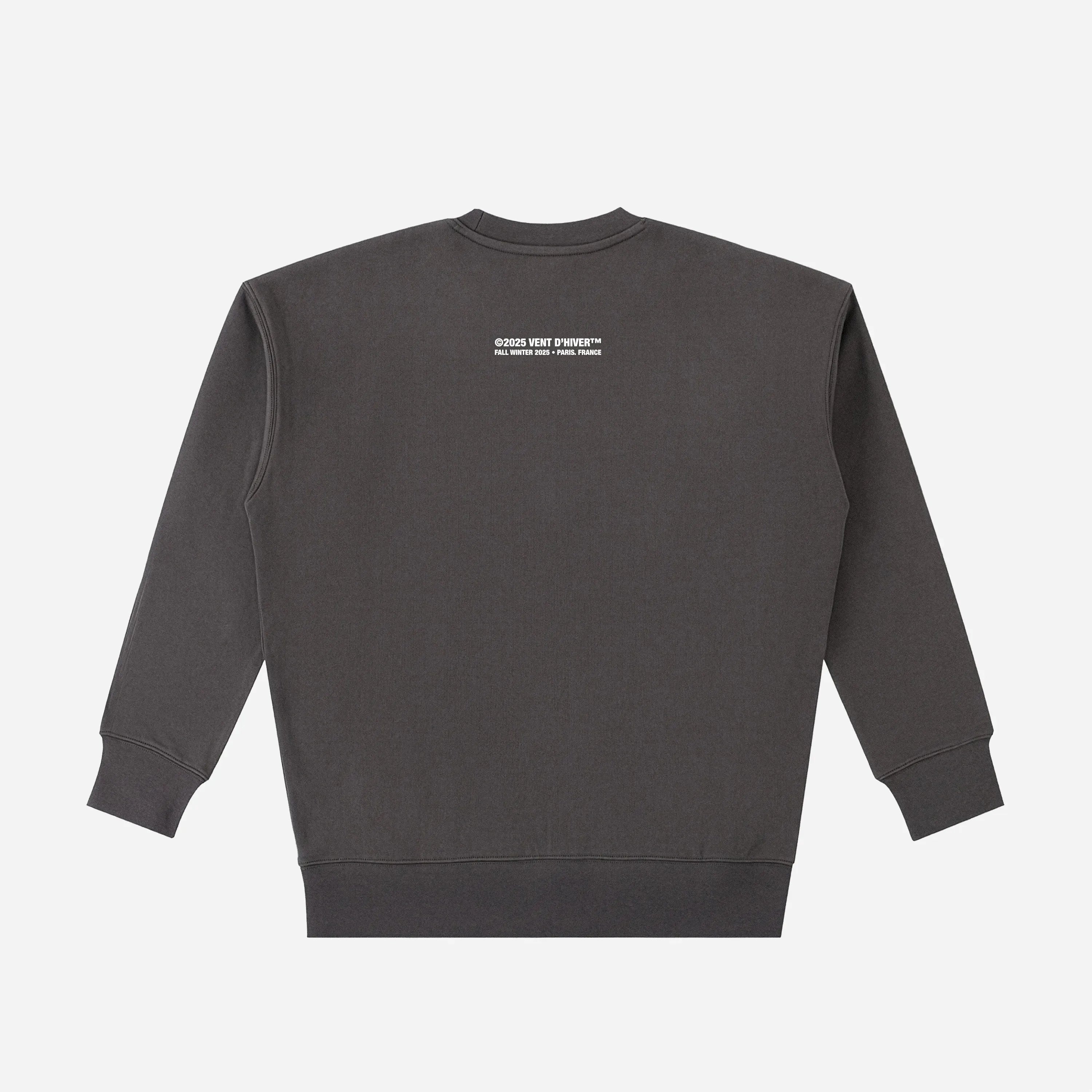 Dark gray sweatshirt by VENT D'HIVER with a small white logo on the back against a light gray background