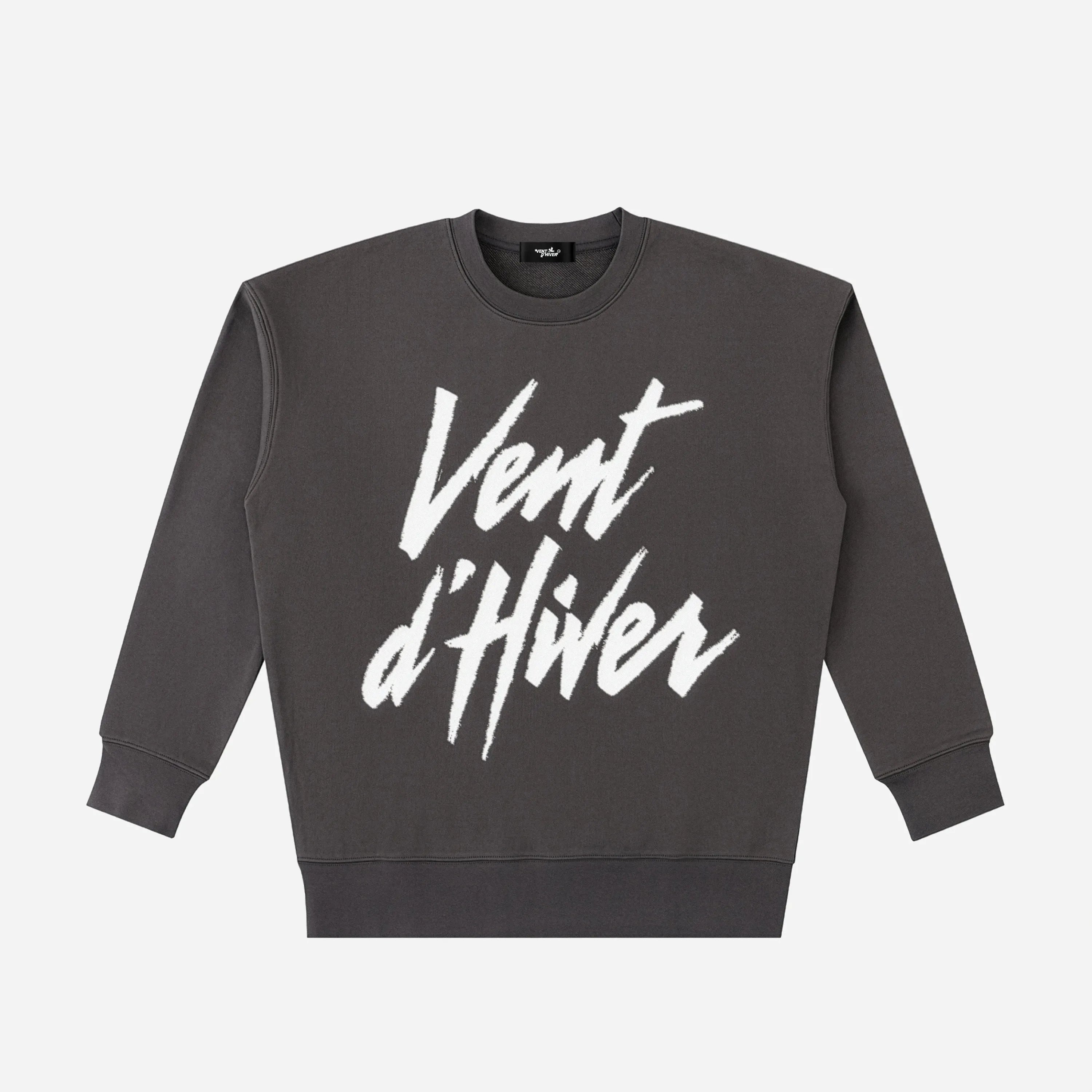 Dark gray sweatshirt with white text 'Vent d'Hiver' on a light gray background