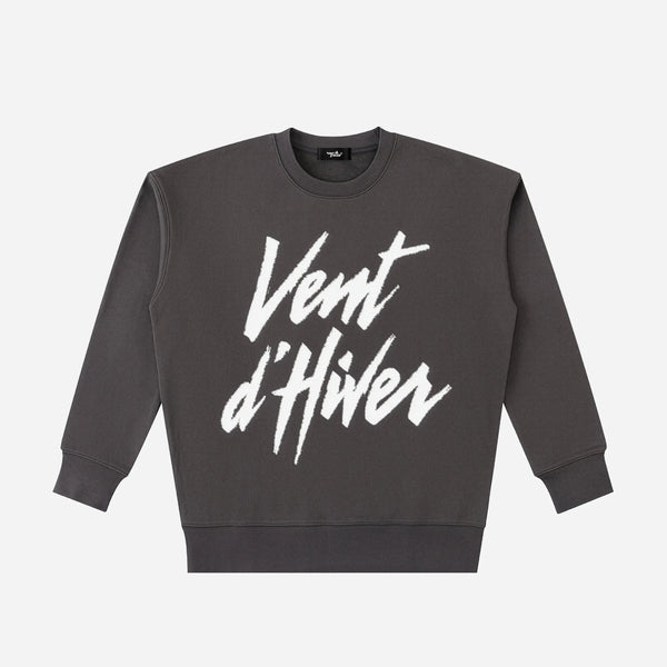 Dark gray sweatshirt with white text 'Vent d'Hiver' on a light gray background