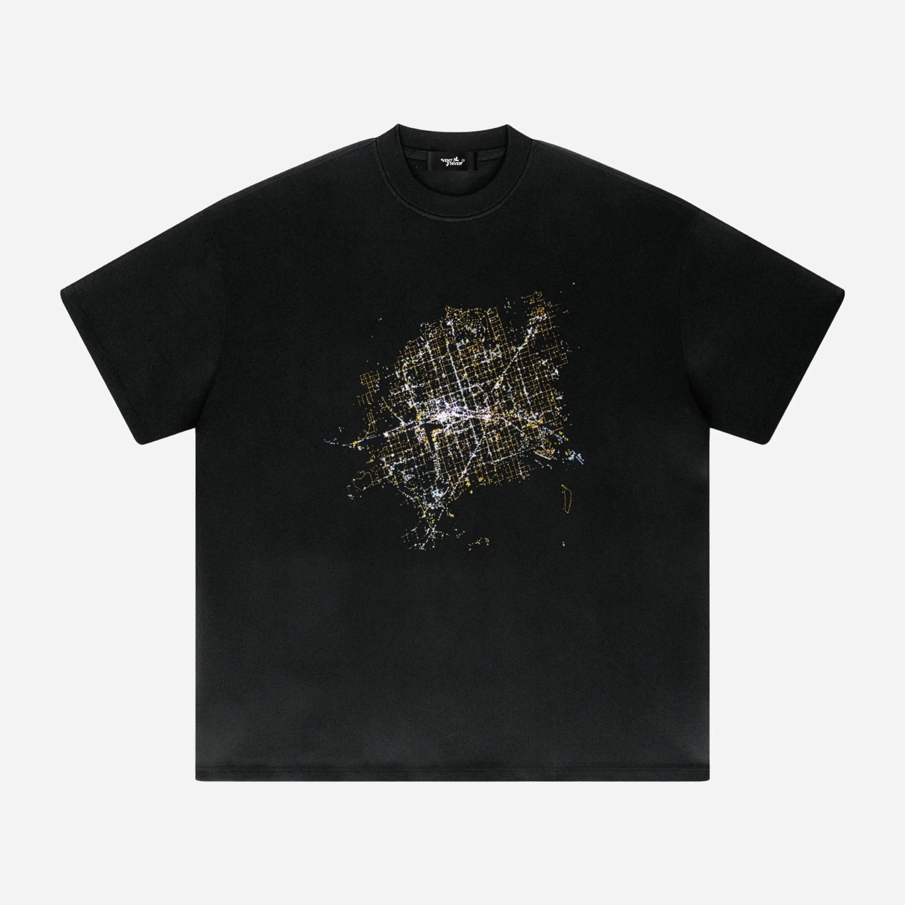 Black t-shirt by VENT D'HIVER with a city map design on a white background