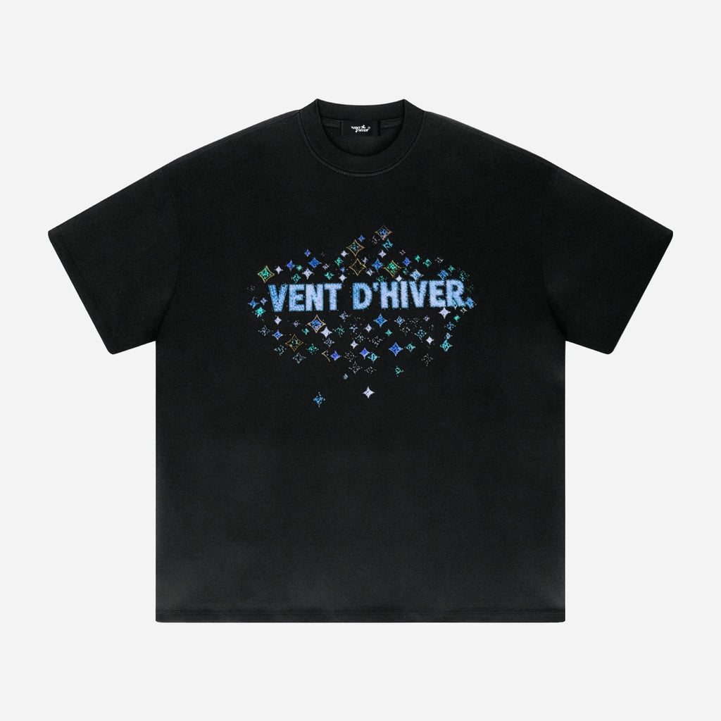 Black t-shirt with 'Vent D'Hiver' text and star design on a white background