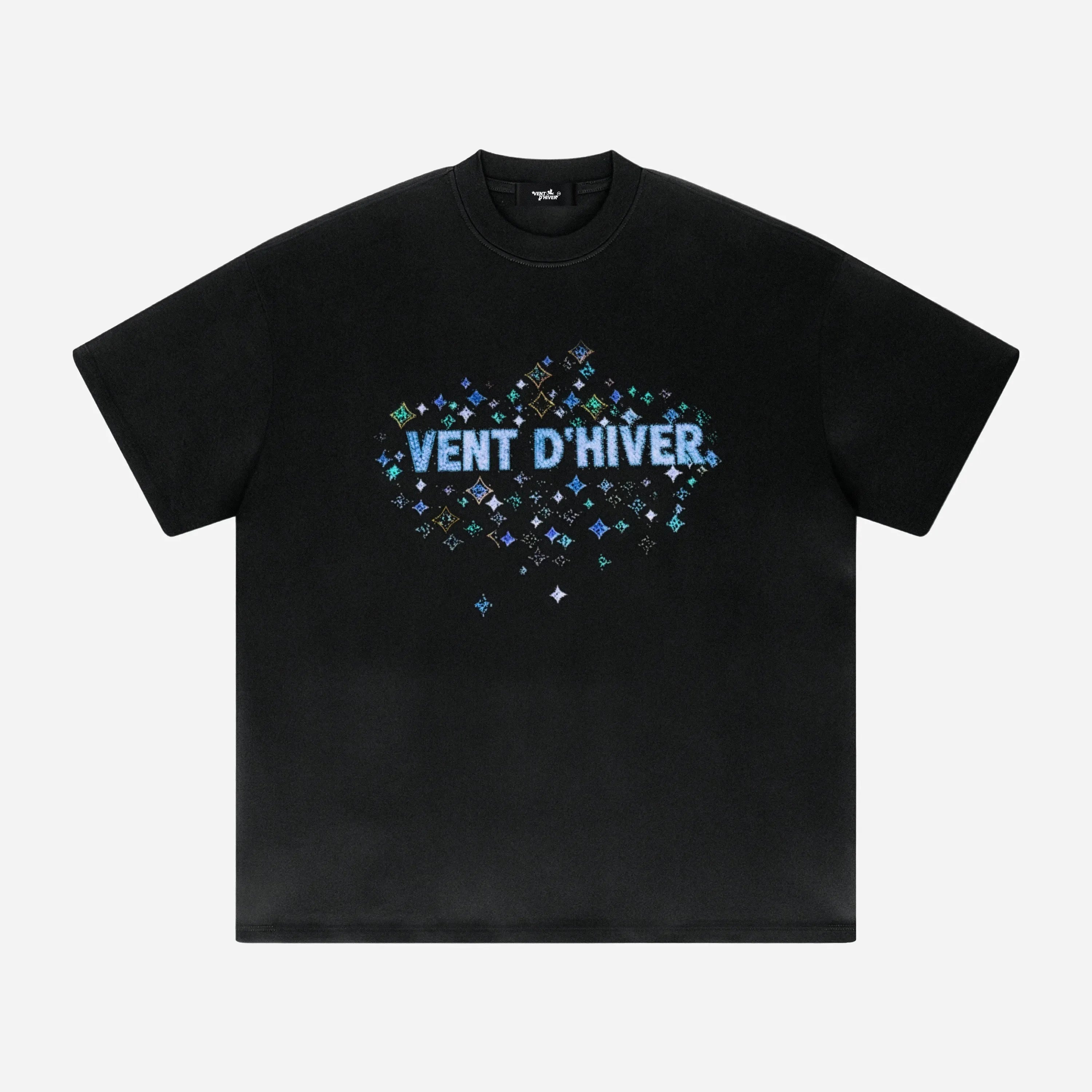 Black t-shirt with 'Vent D'Hiver' text and star design on a white background