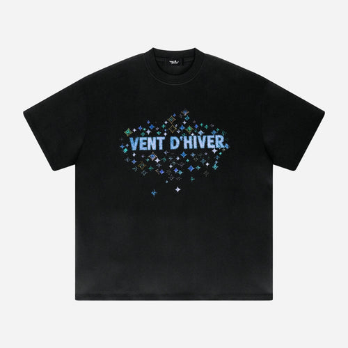 Black t-shirt with 'Vent D'Hiver' text and star design on a white background