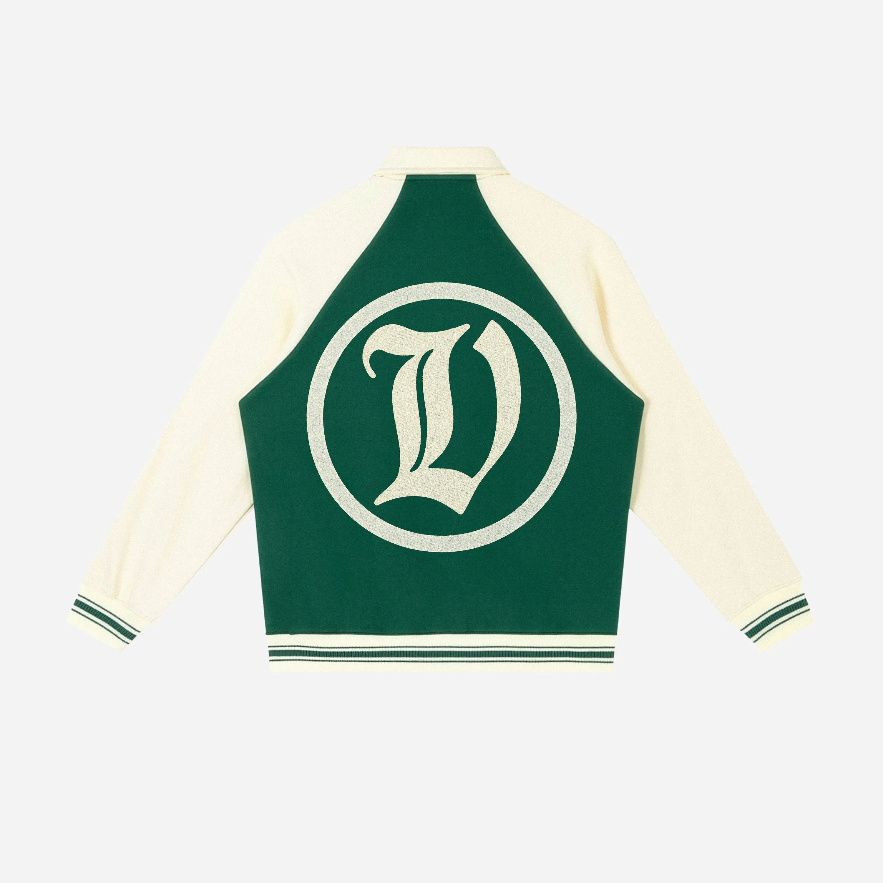 Green and cream varsity jacket by VENT D'HIVER with 'V' monogram on a white background