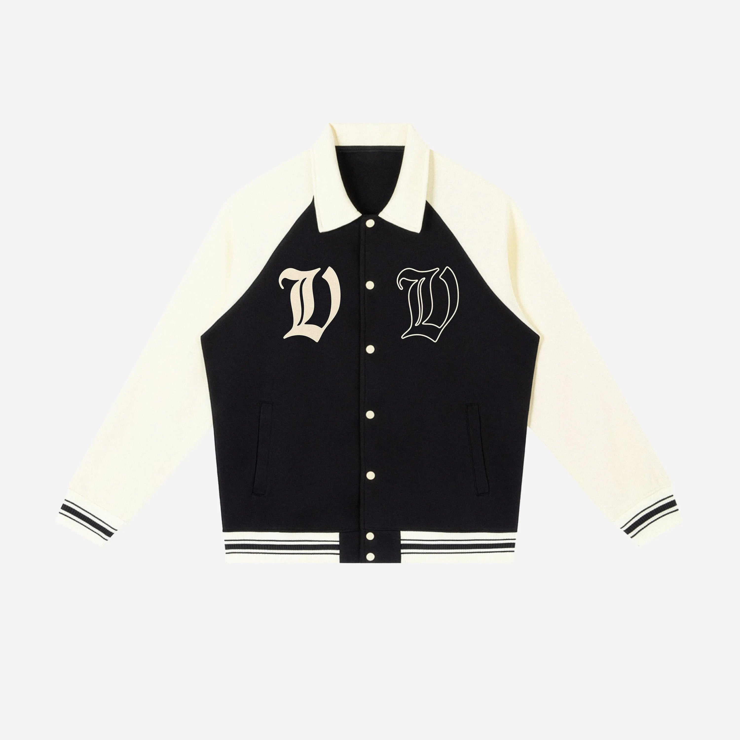Black and white varsity jacket by VENT D'HIVER with 'V' monogram on a light gray background