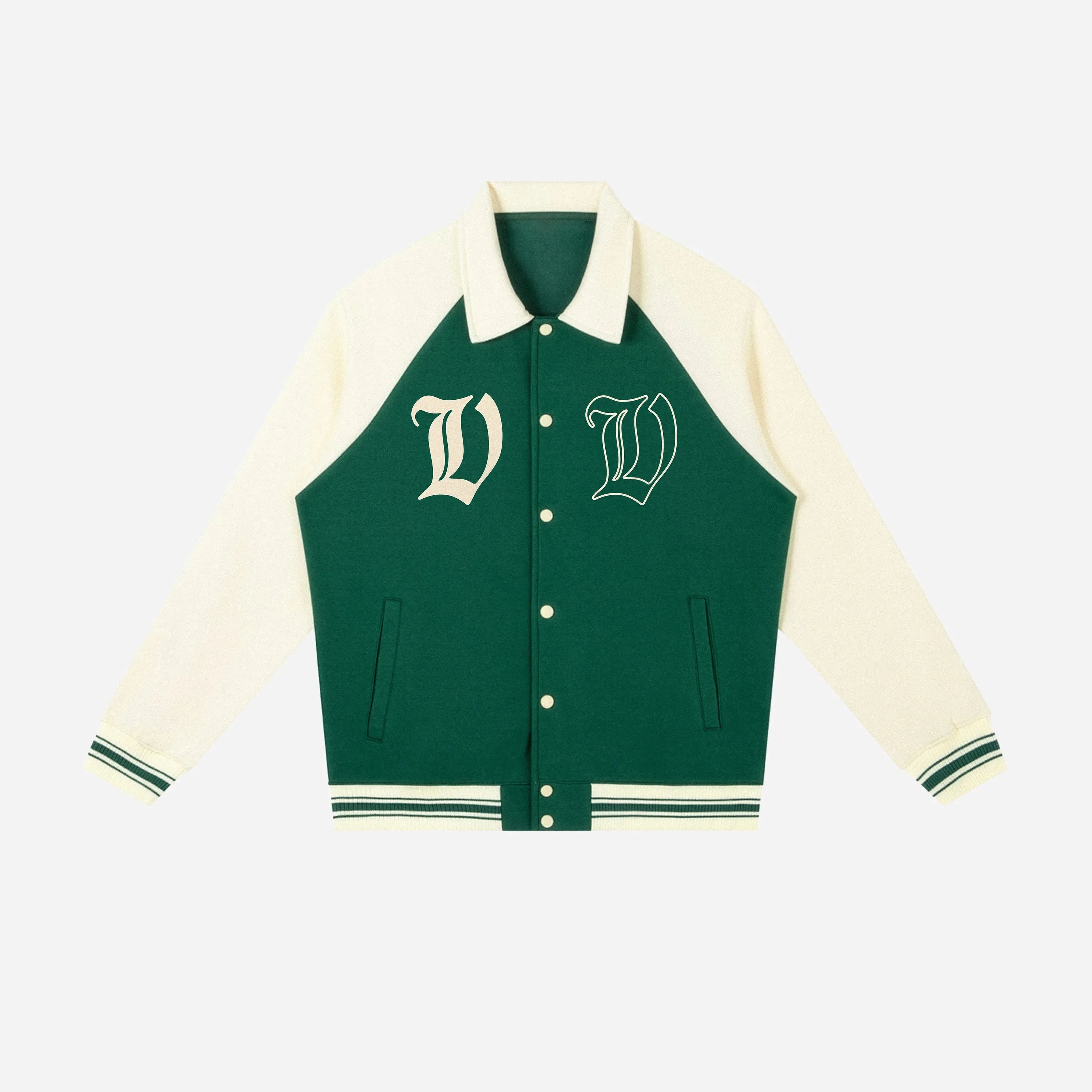 Green and cream varsity jacket by VENT D'HIVER with 'V' monogram on a white background