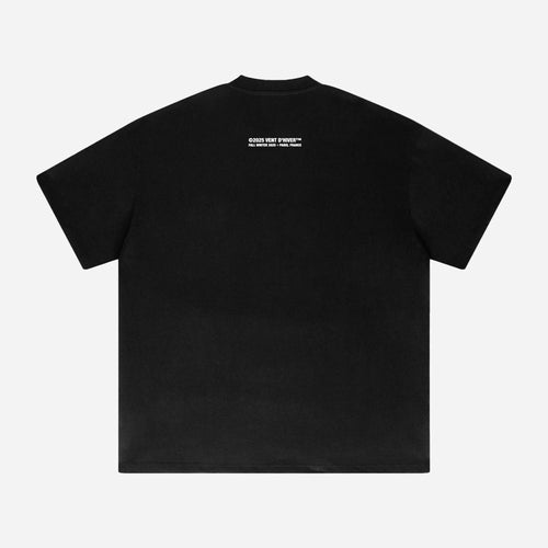 Black t-shirt by VENT D'HIVER with a small white logo on the back against a light gray background