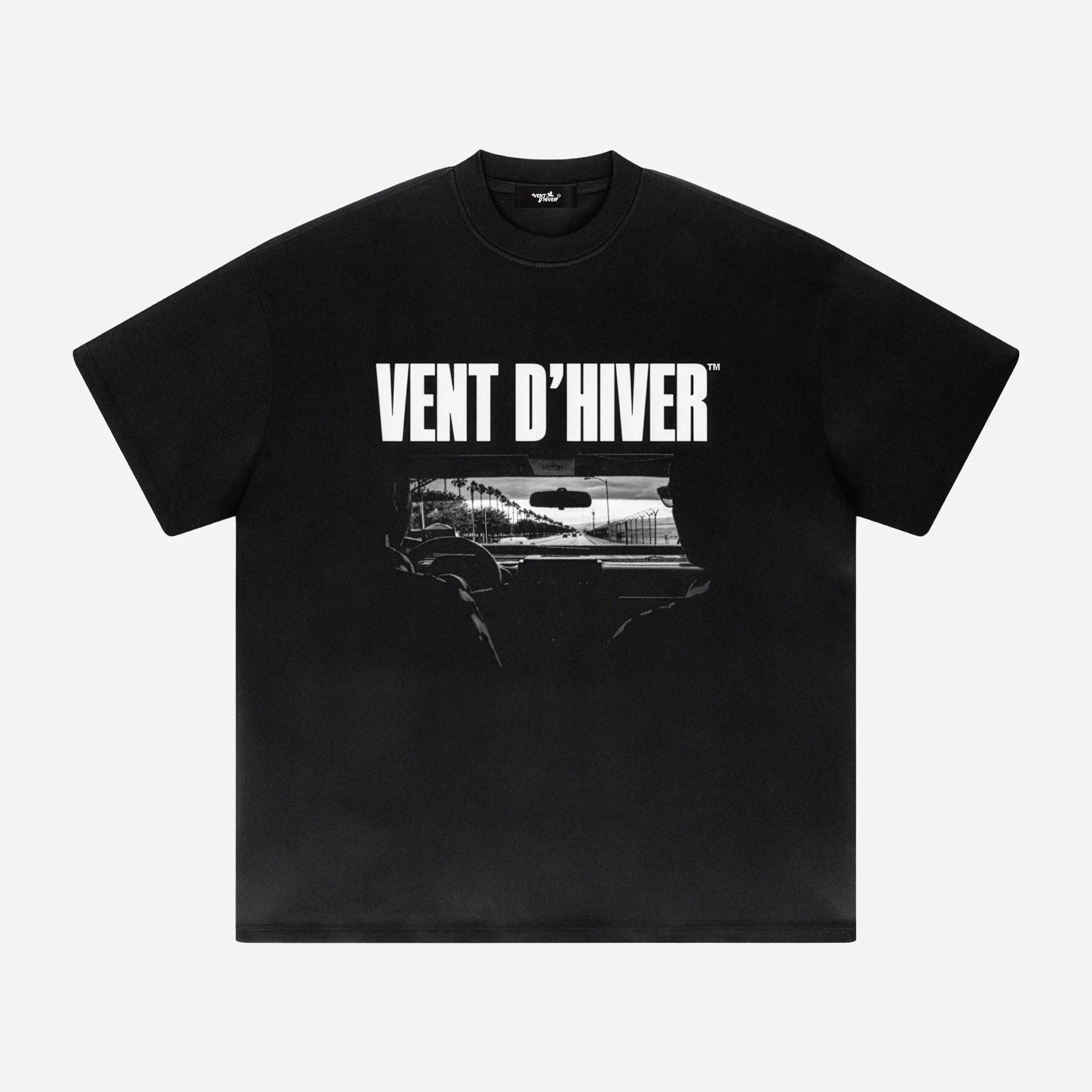 Black t-shirt with 'Vent D'Hiver' logo on a white background