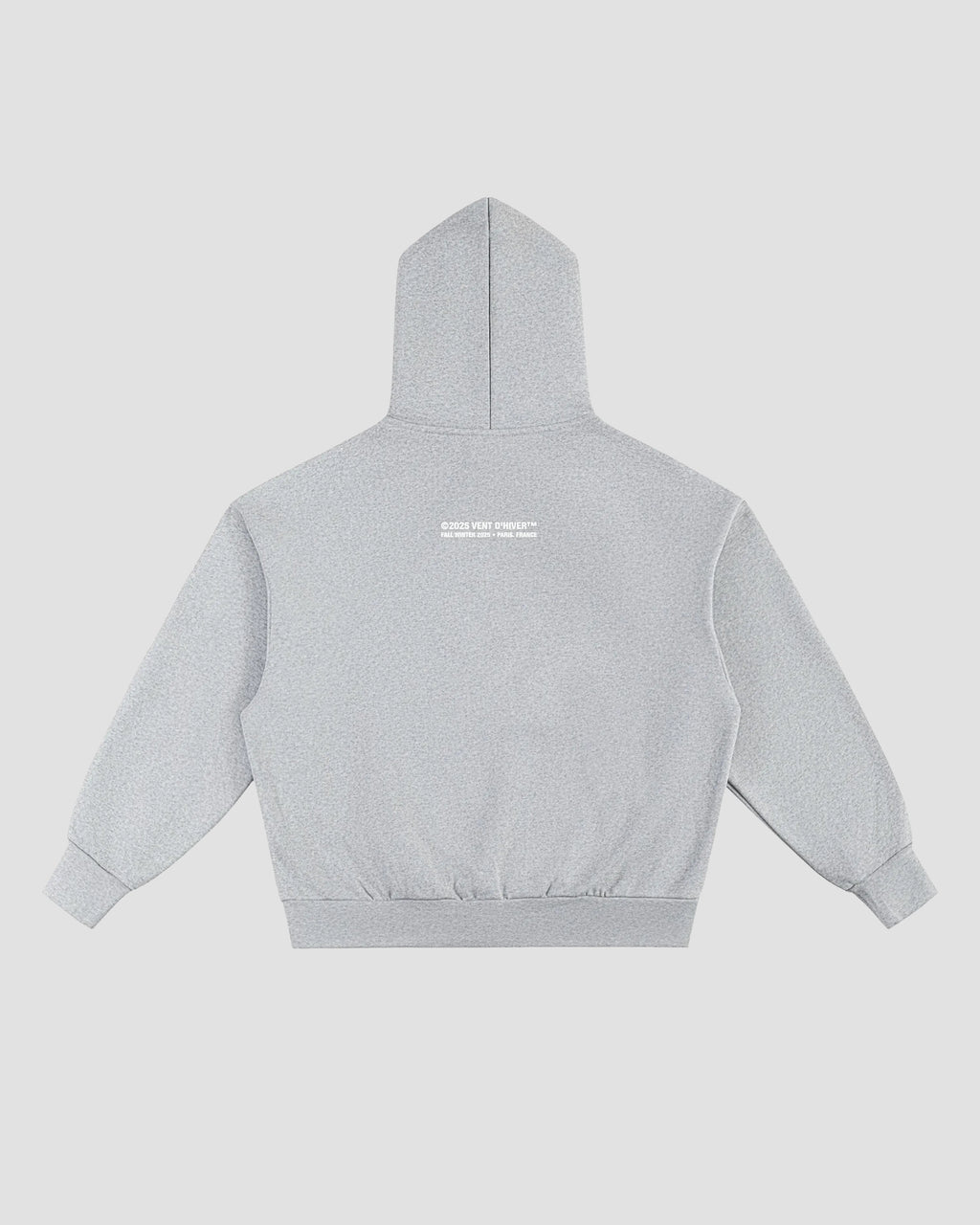 VENT D'HIVER™ Angel Logo Hoodie featuring a heather grey colorway, oversized fit, and signature VENT D'HIVER™ typographic print below the hood.