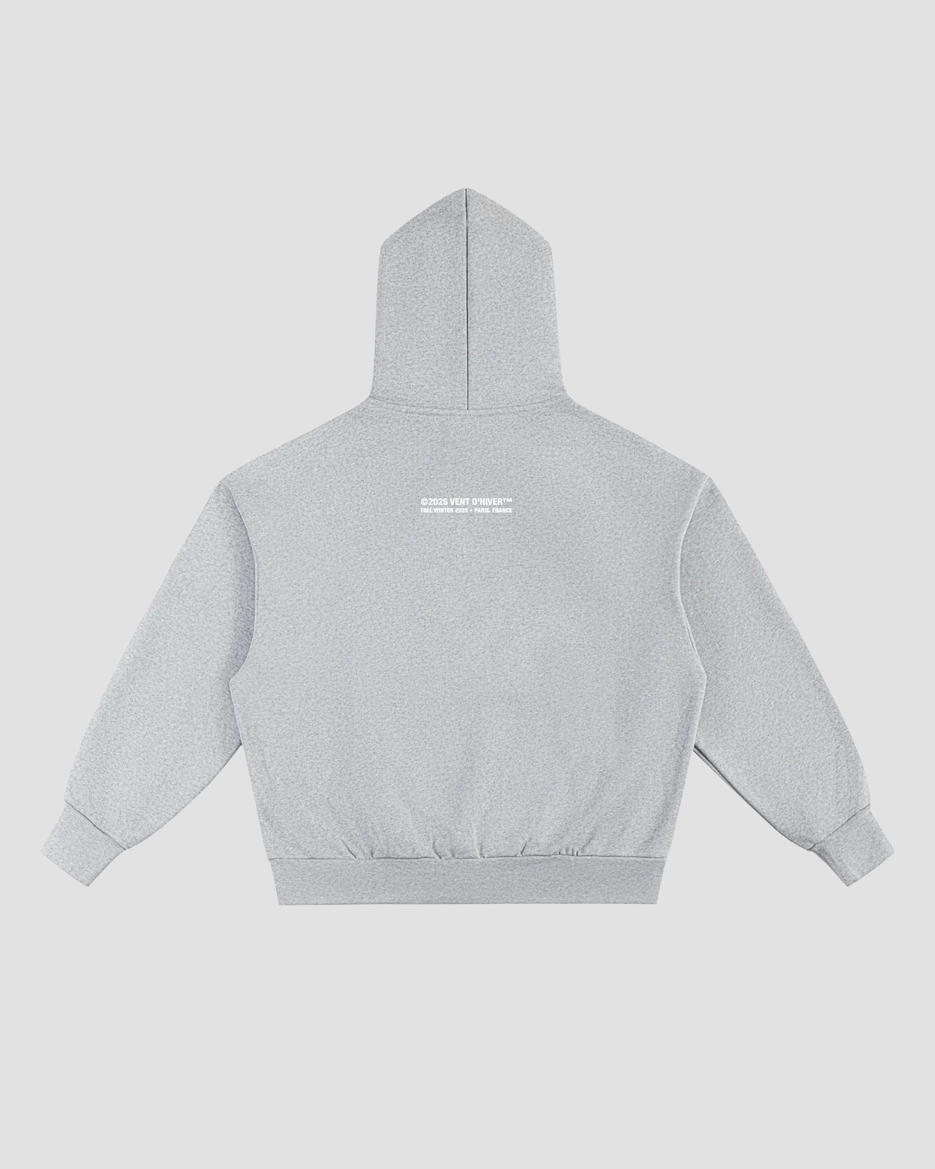 VENT D'HIVER™ Angel Logo Hoodie featuring a heather grey colorway, oversized fit, and signature VENT D'HIVER™ typographic print below the hood.