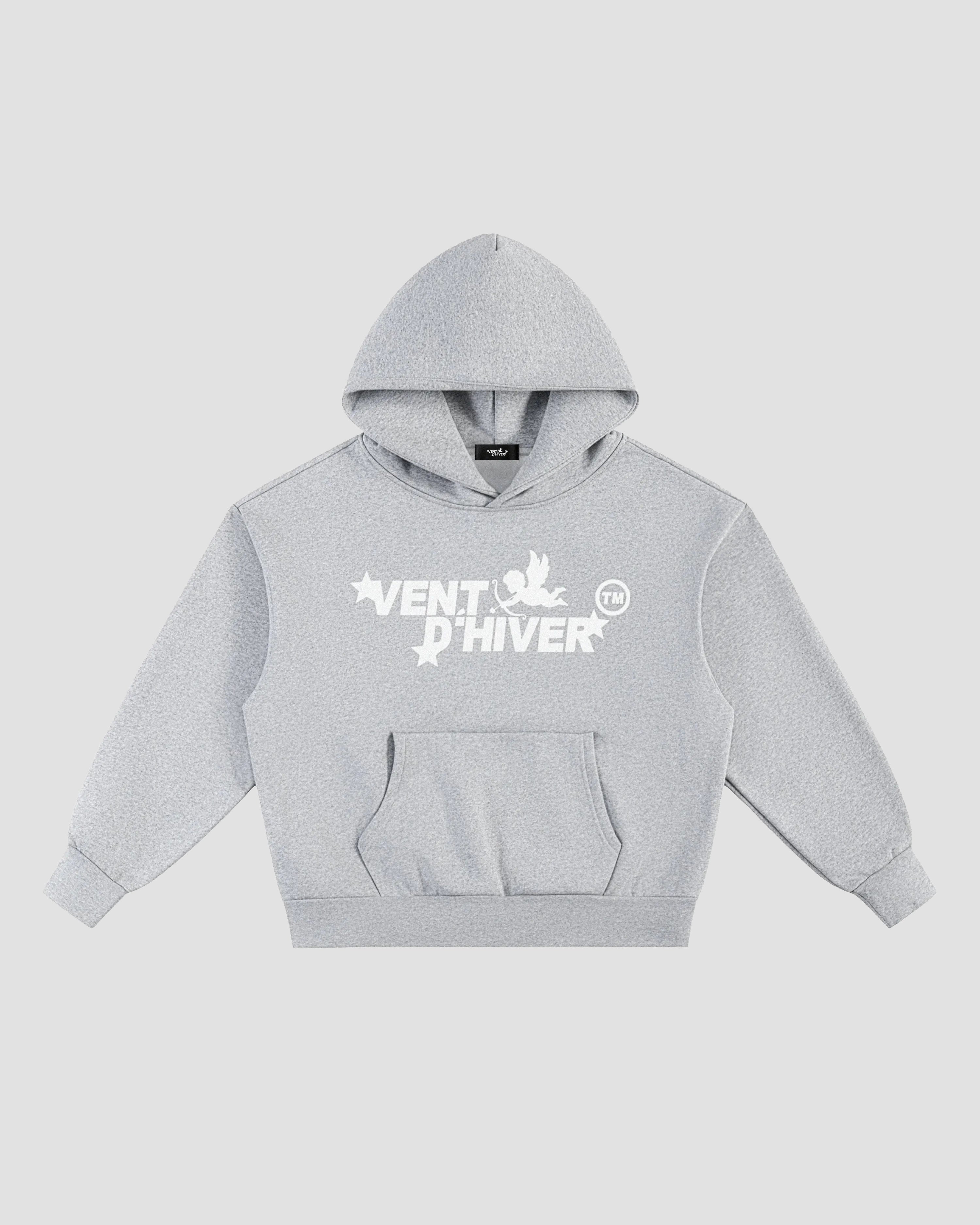 VENT D'HIVER™ Angel Logo Hoodie featuring a heather grey colorway, oversized fit, kangaroo pocket, and signature Angel Logo graphic printed on the front.