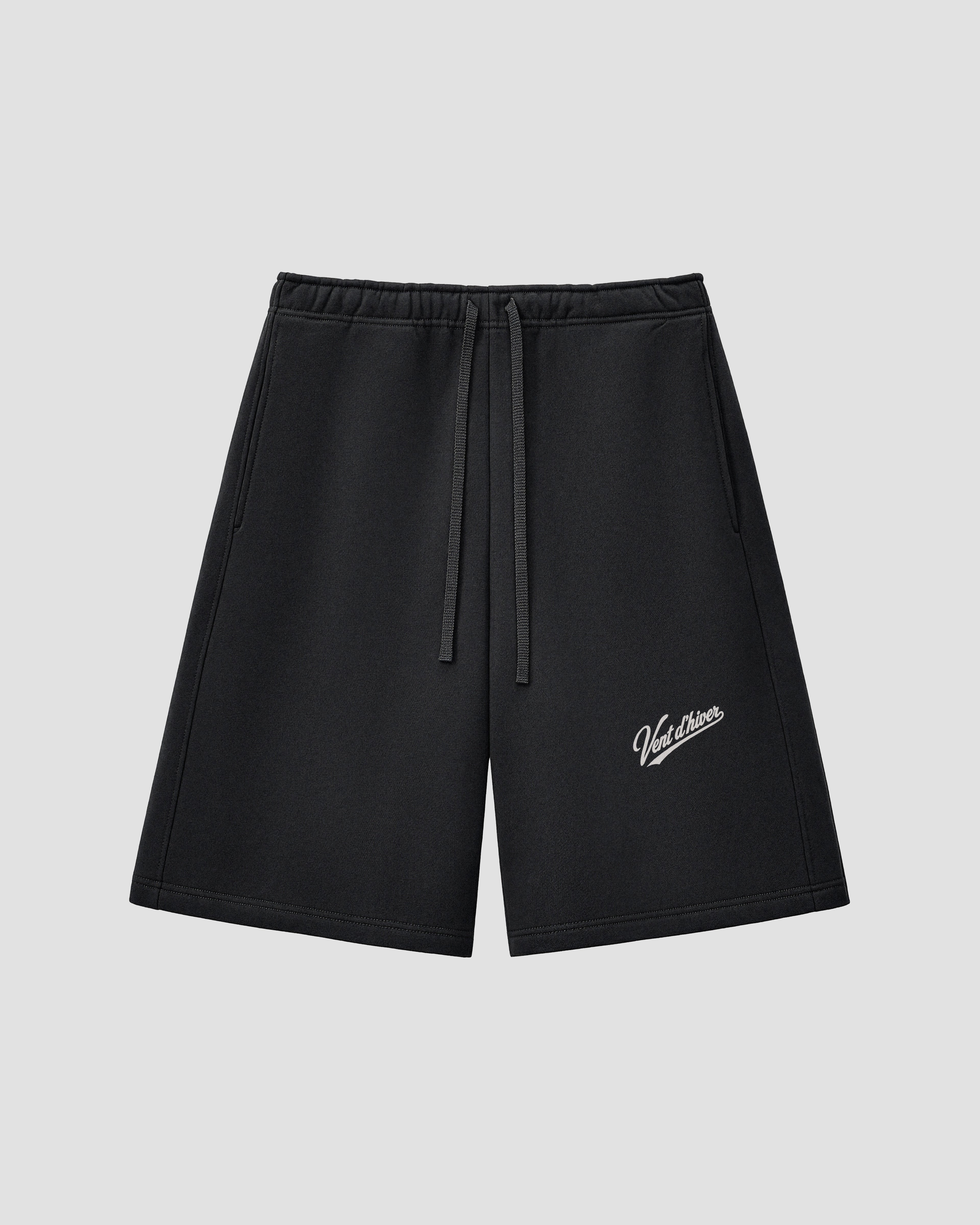 VENT D'HIVER™ Black Shorts featuring a relaxed fit, heavyweight cotton construction, adjustable drawstring waistband, and signature script logo print.