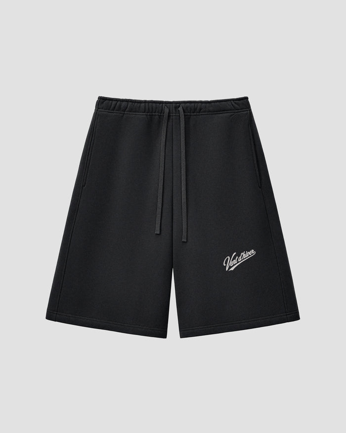 VENT D'HIVER™ Black Shorts featuring a relaxed fit, heavyweight cotton construction, adjustable drawstring waistband, and signature script logo print.
