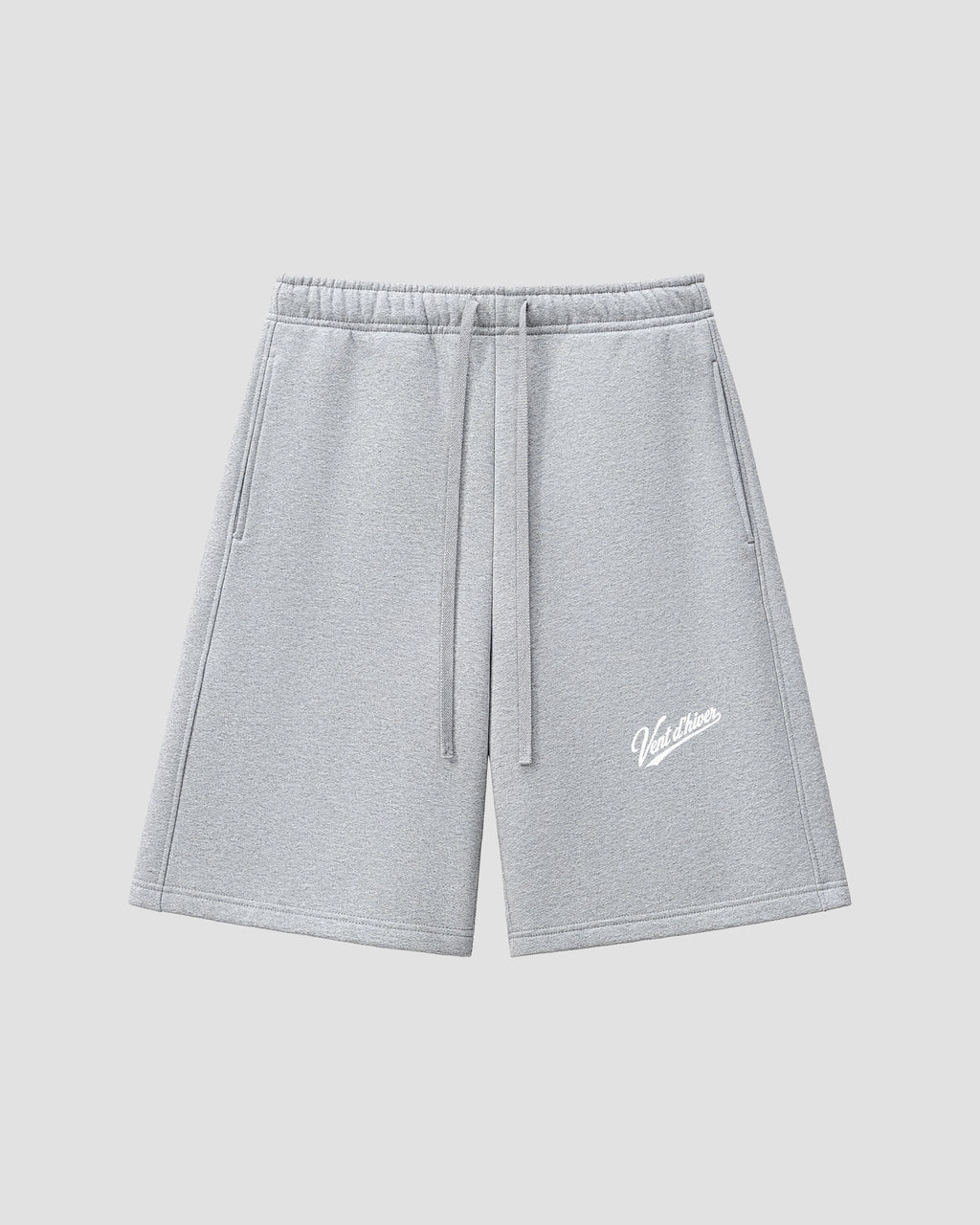 VENT D'HIVER™ Heather Grey Shorts featuring a relaxed fit, heavyweight cotton construction, adjustable drawstring waistband, and signature script logo print.