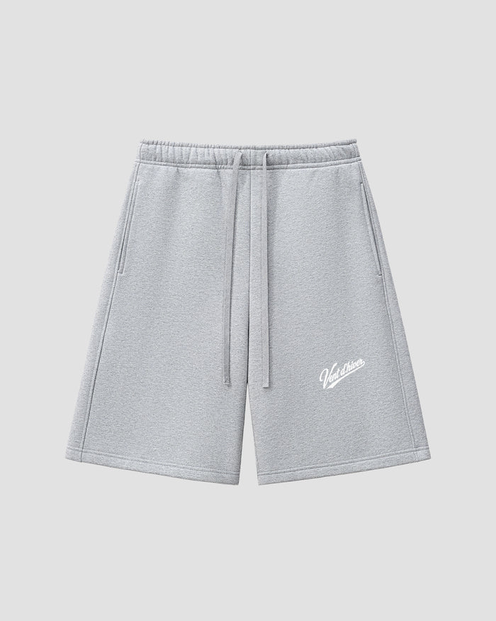 VENT D'HIVER™ Heather Grey Shorts featuring a relaxed fit, heavyweight cotton construction, adjustable drawstring waistband, and signature script logo print.