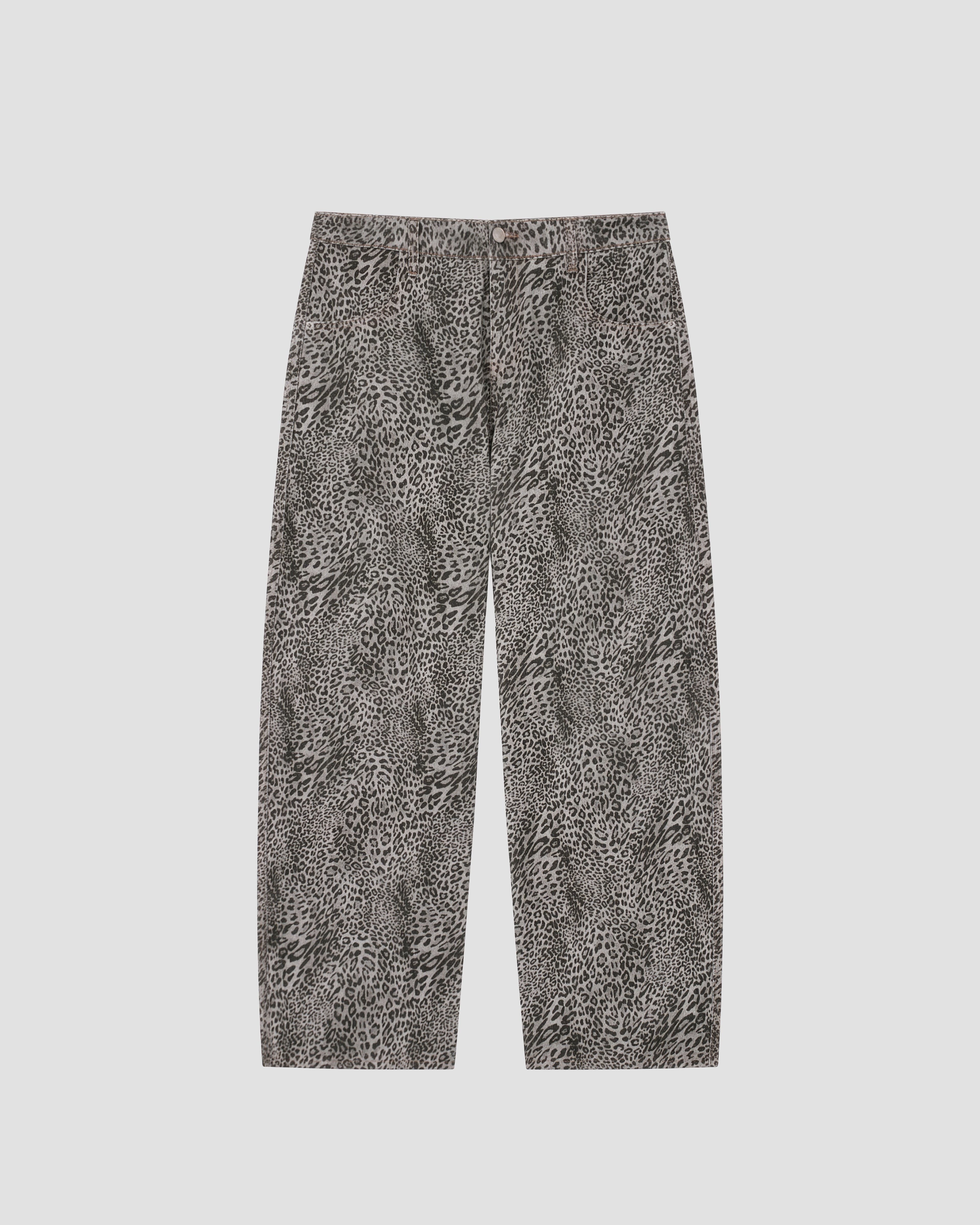 VENT D'HIVER™ Weird Leopard Denim featuring an all-over gray leopard print, wide-leg fit, and premium heavyweight cotton construction.