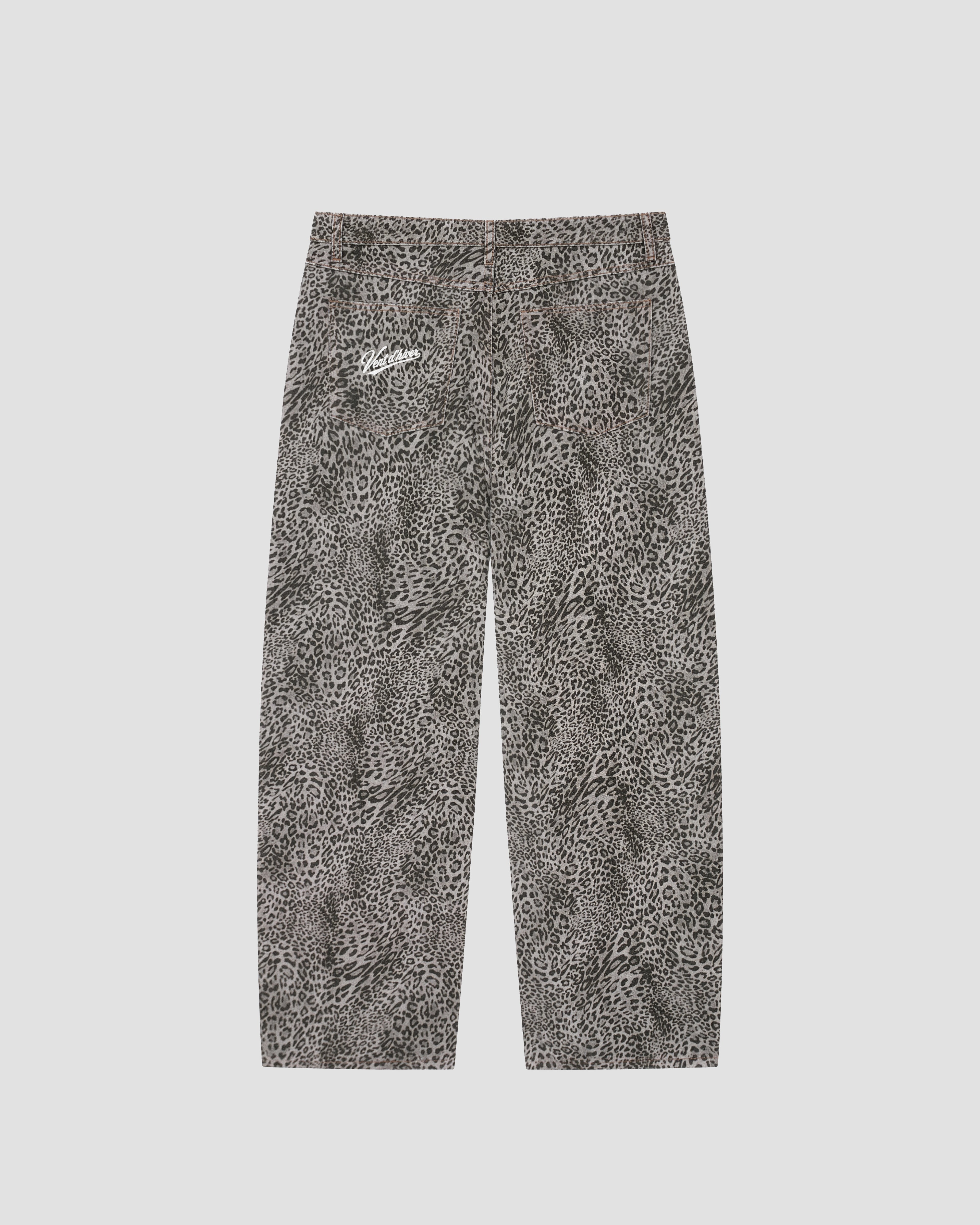 VENT D'HIVER™ Leopard Denim featuring an all-over gray leopard print and signature script logo printed on the back pocket.