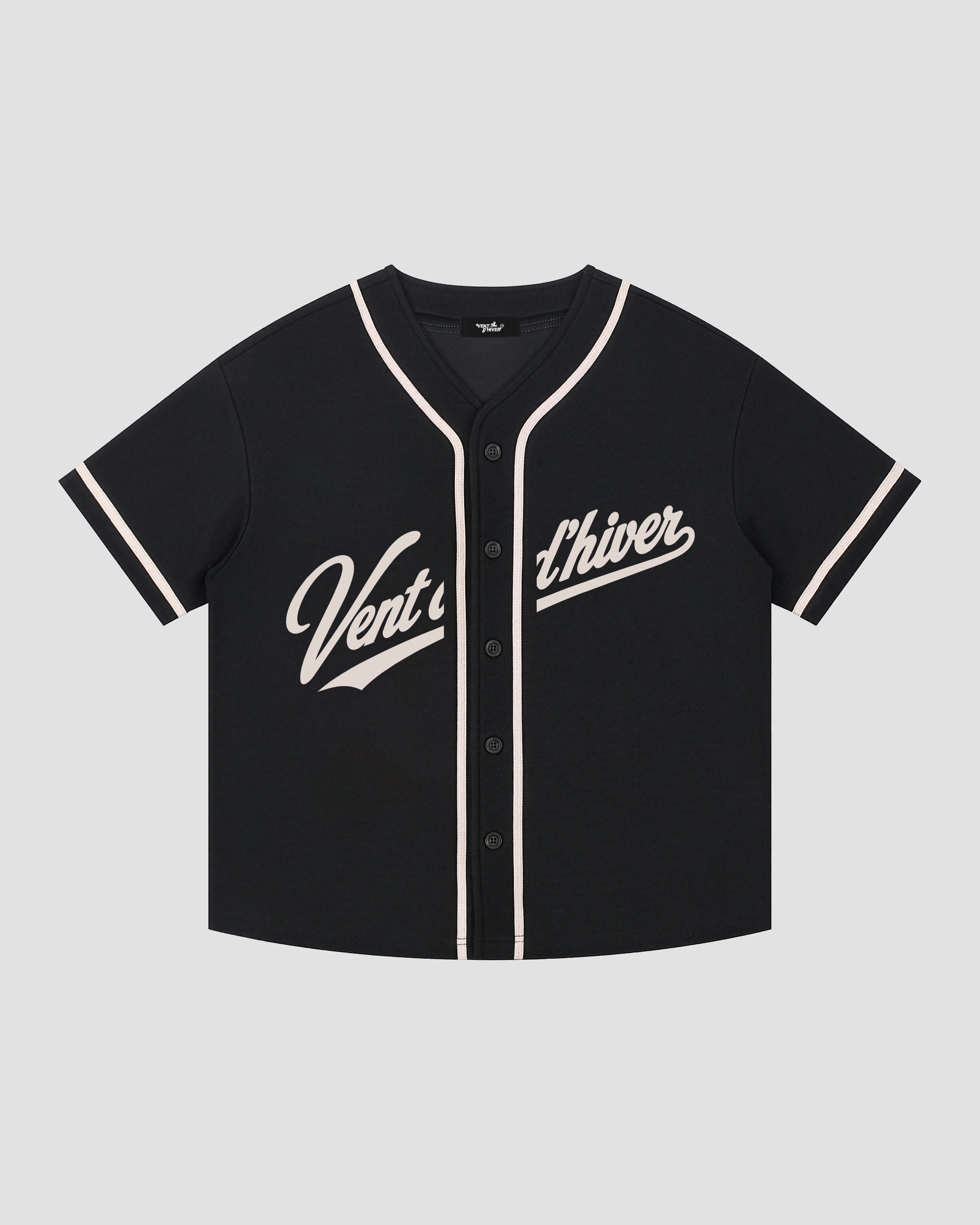 VENT D'HIVER™ Script Jersey featuring a black baseball-inspired design, contrast piping, front button closure, and signature script logo across the chest.
