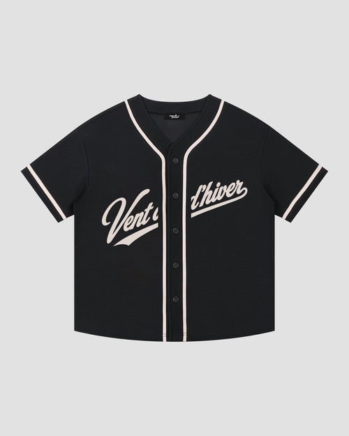 VENT D'HIVER™ Script Jersey featuring a black baseball-inspired design, contrast piping, front button closure, and signature script logo across the chest.