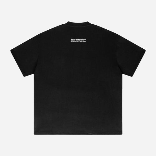 Black t-shirt with a small white logo on the back against a light gray background