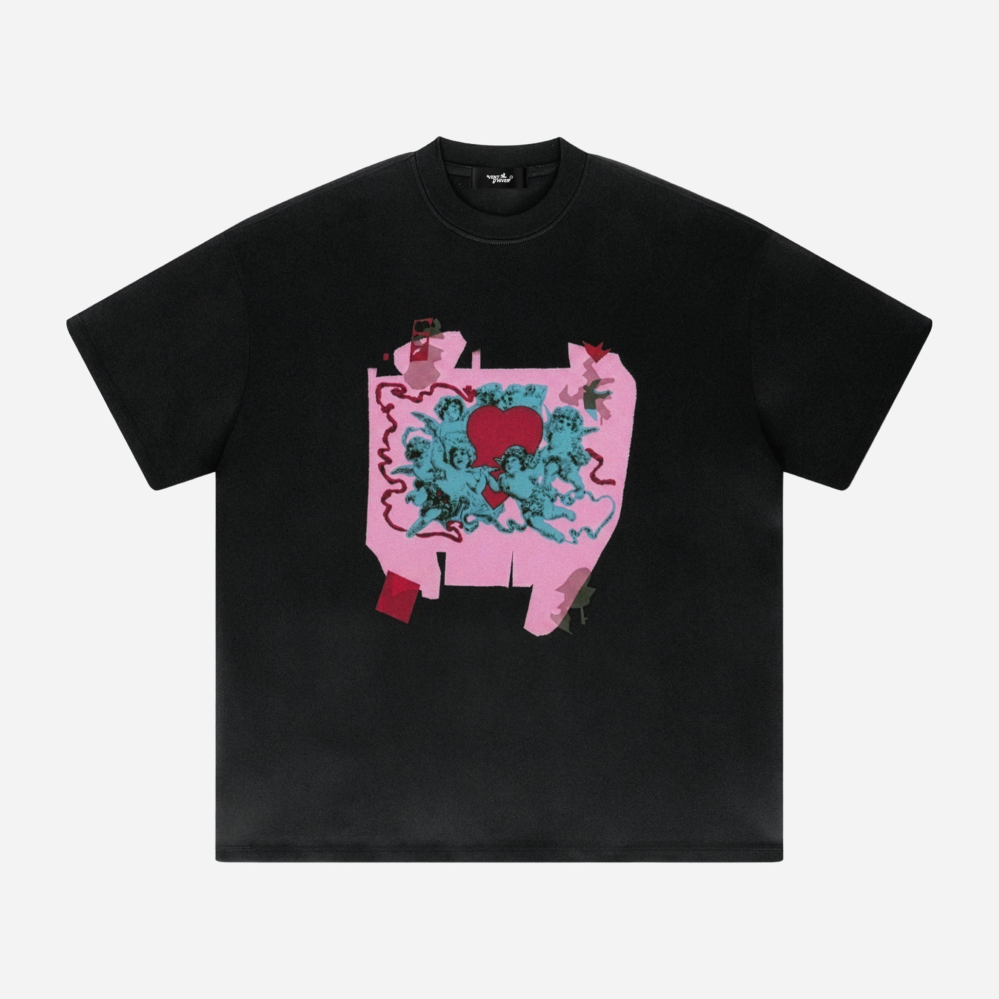 Black t-shirt with a colorful graphic design on a white background